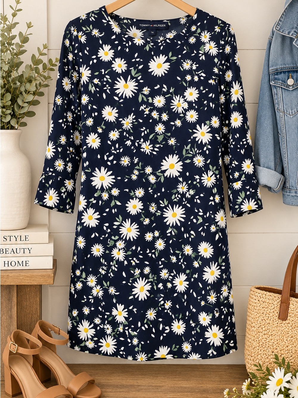Tommy Hilfiger Navy Daisy-Print A-Line Midi Dress